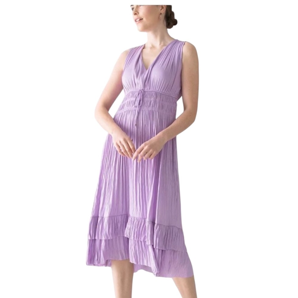 White House Black Market Midi Dress Womens Medium Purple Smocked Tiered Ruffle